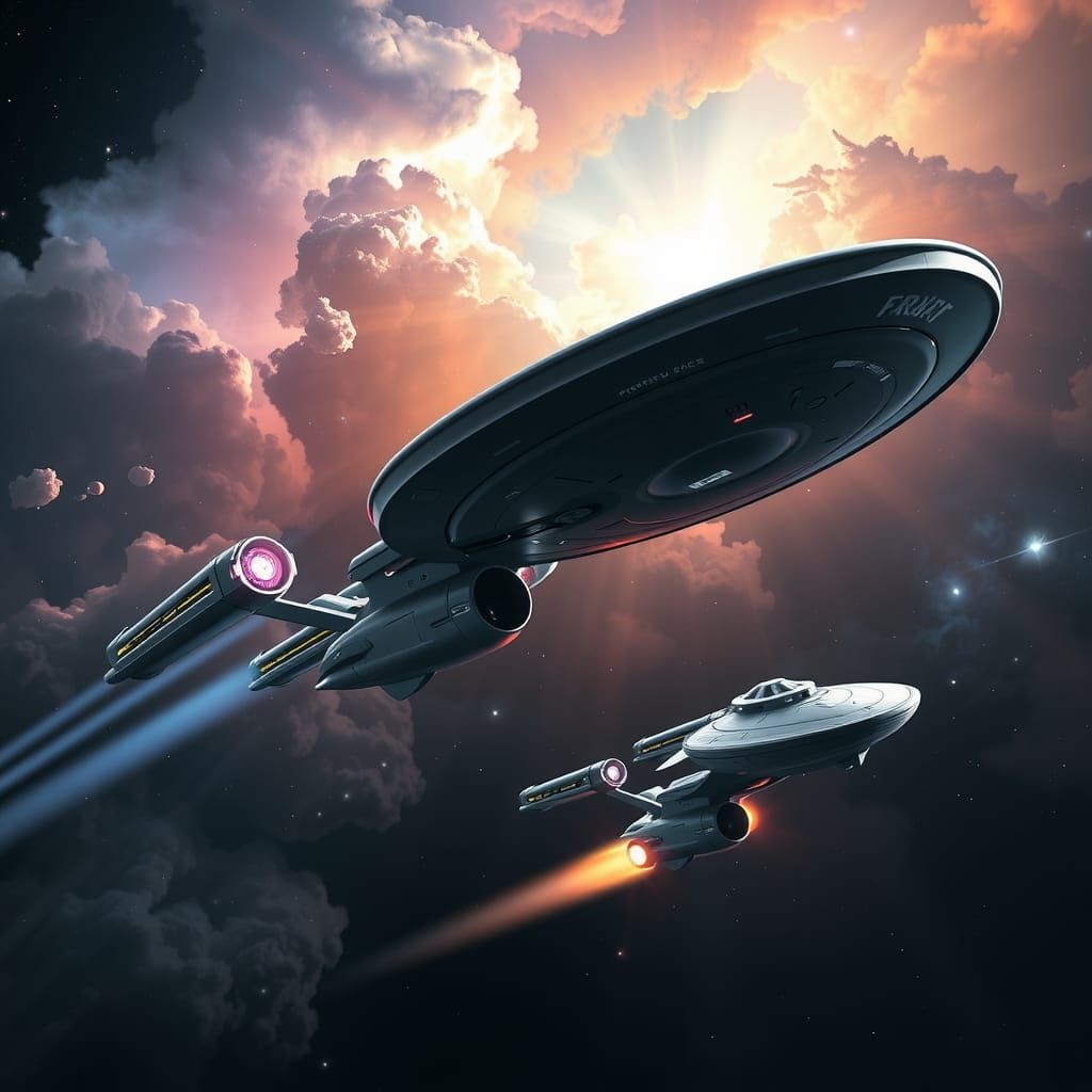 USS Enterprise NCC-1701 Races Through Iridescent Nebula
