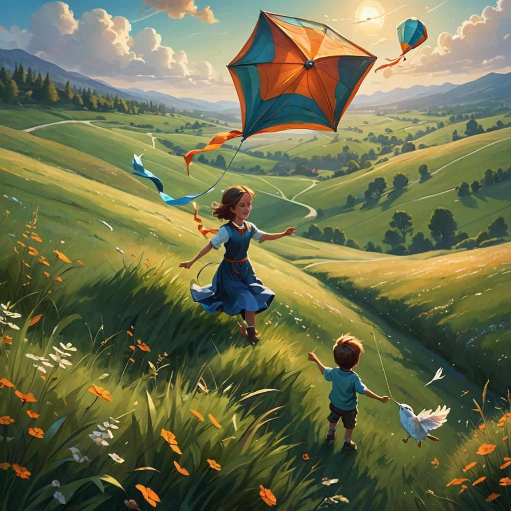 Whimsical Fantasy: Sister Helping Brother Fly Kite