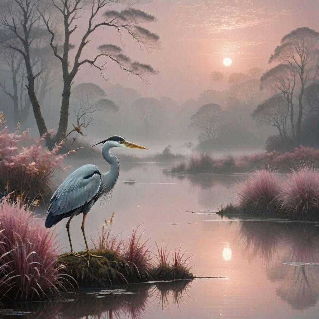 Misty Dawn Heron in Ethereal Hues