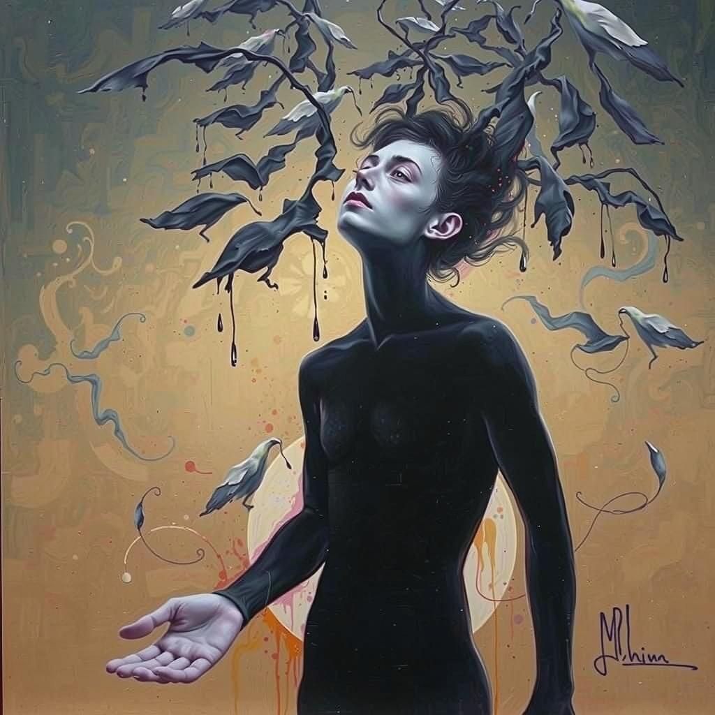 A dreamlike human silhouette, melting, distorted proportions...