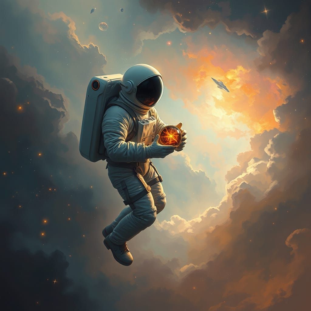 Astronaut Finds Ancient Artifact in Surreal Nebula Painting