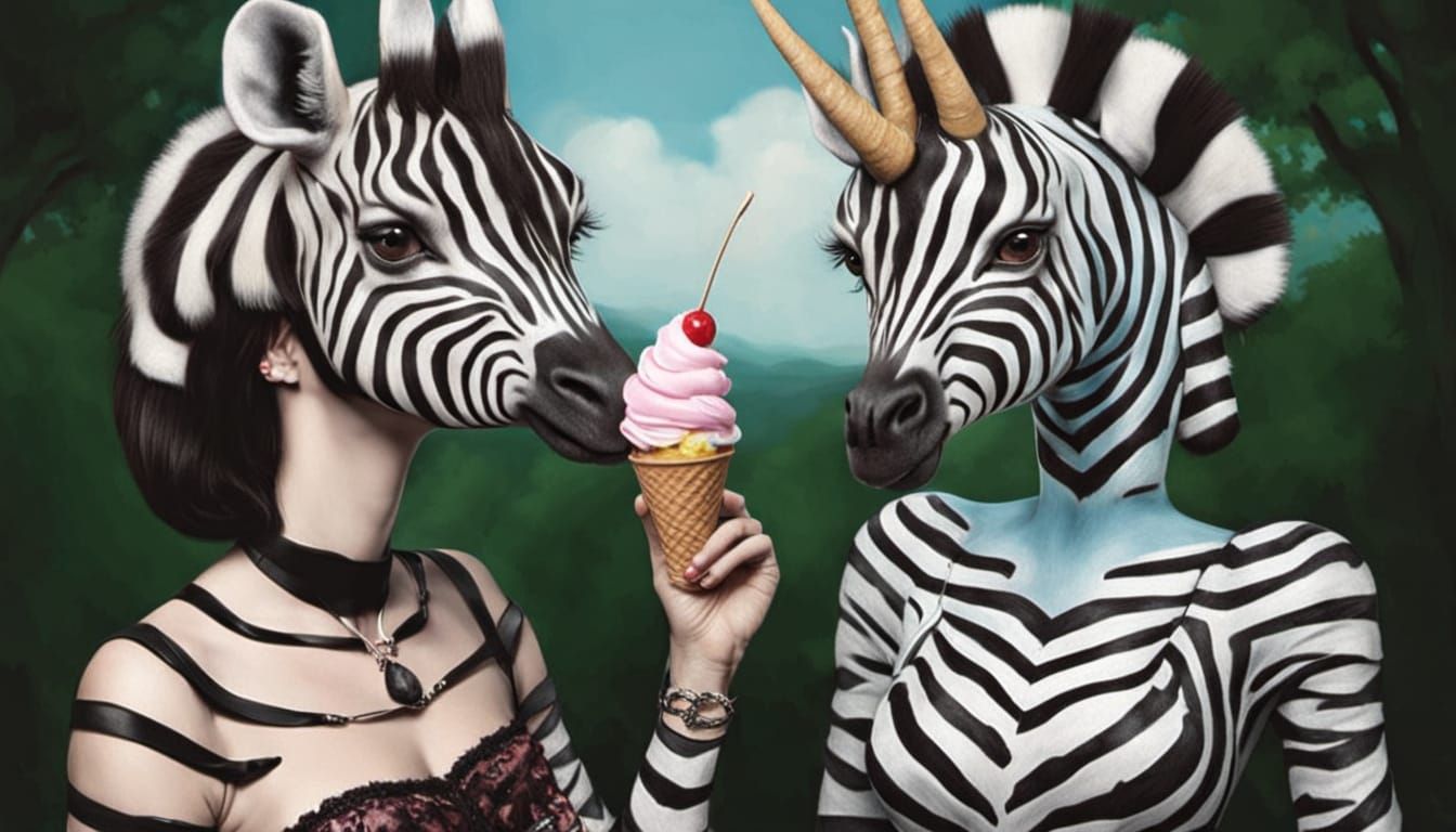 Woman and Zebra Giraffe Monster with Ice Cream