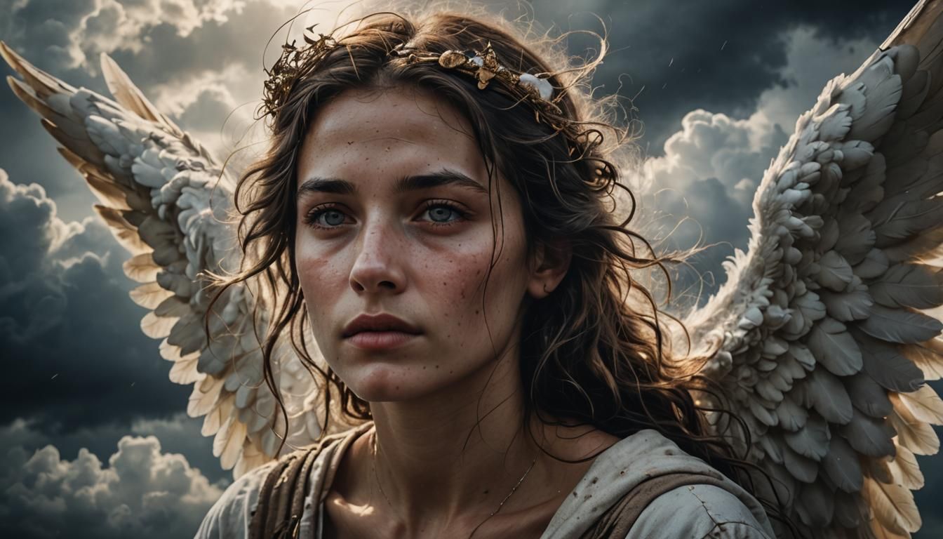 Ethereal Angel Descending from Divine Clouds