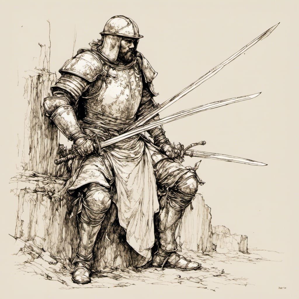 Medieval Fighter in Armor: Simple Line Art Illustration