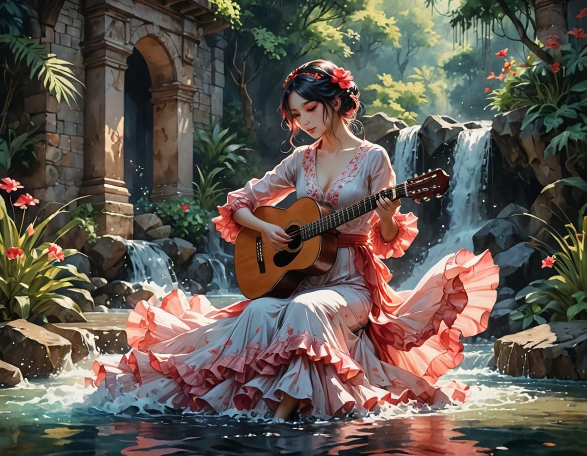 Anime Flamenco Dancer in Grunge Watercolor Style