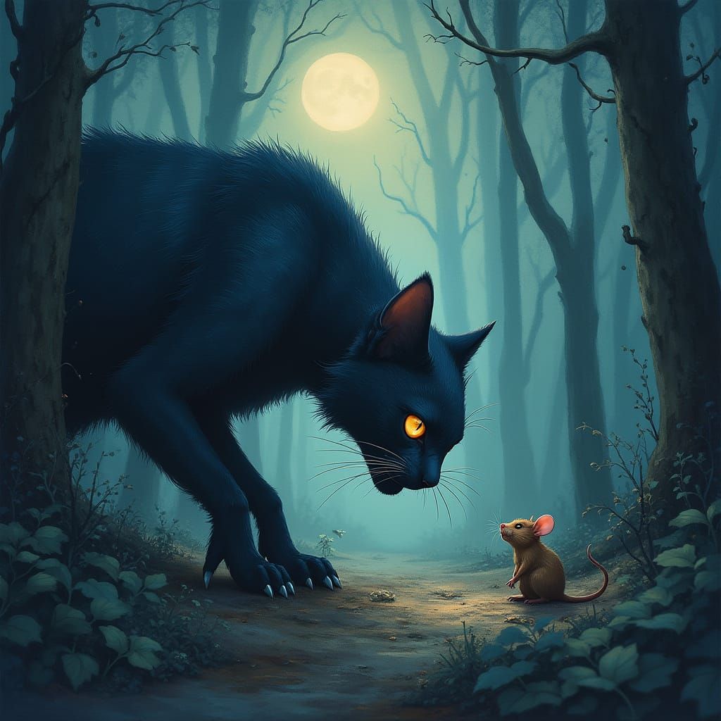 Surreal Monster Cat in Dark Mystic Forest