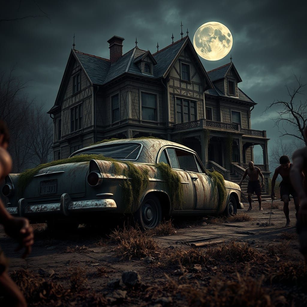 Abandoned Car Before Creepy Gothic Mansion Under Dark Forebo...