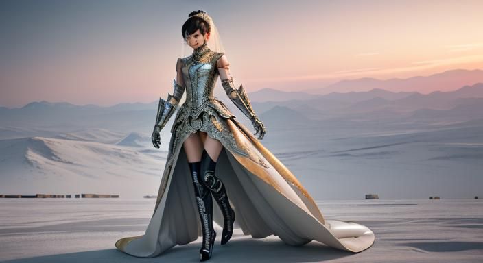 Cybernetic Bride in Wasteland, Eastern-Inspired Sci-Fi Art