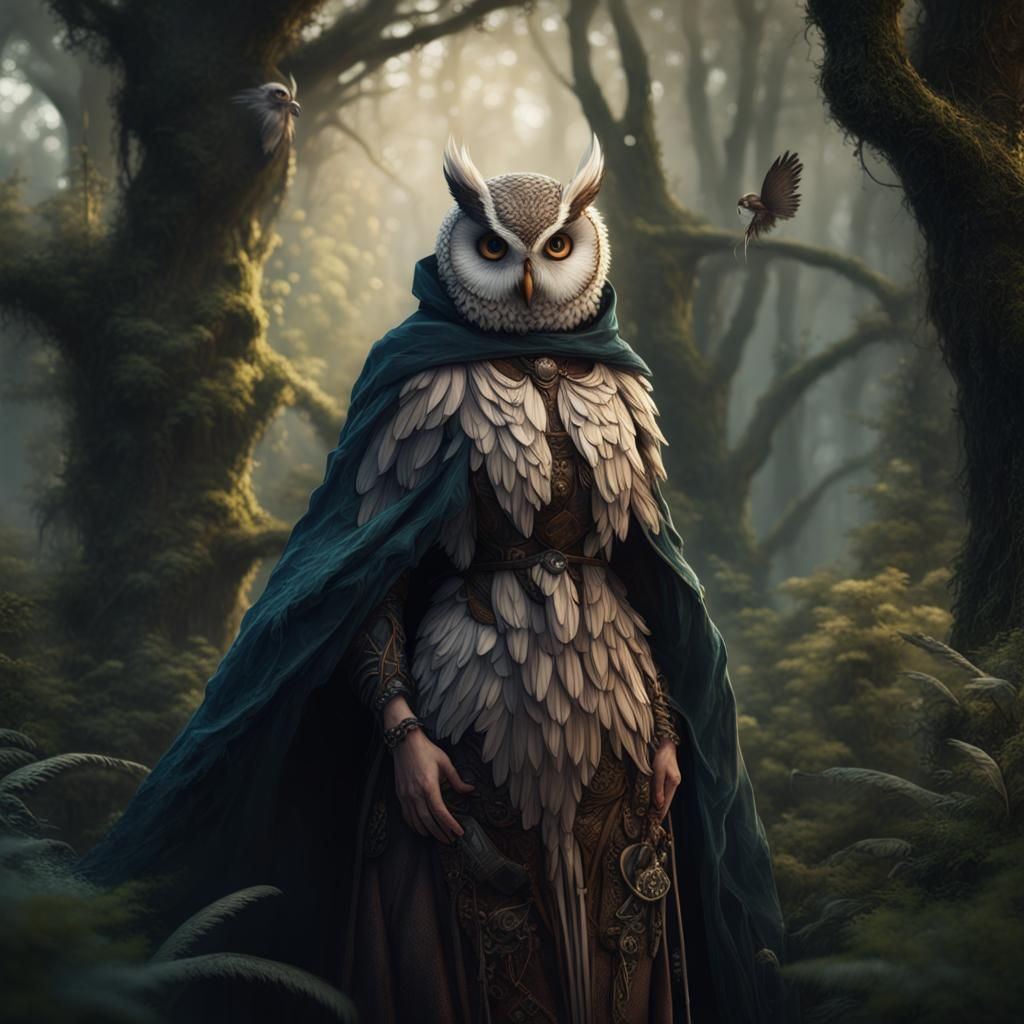 Owl-Headed Woman in Feather Cape: Fantasy Concept Art