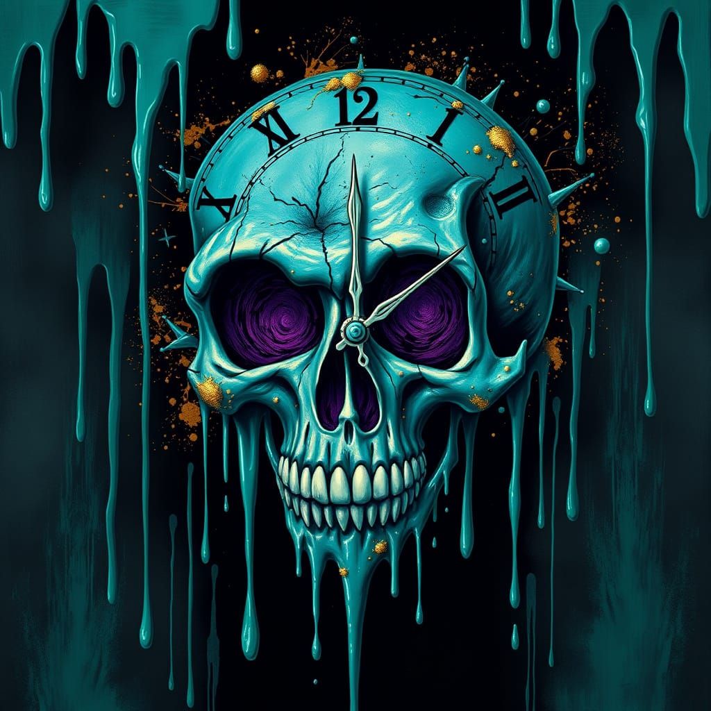 Surreal Teal Skull Melts Clock Face in Dark Fantasy Art
