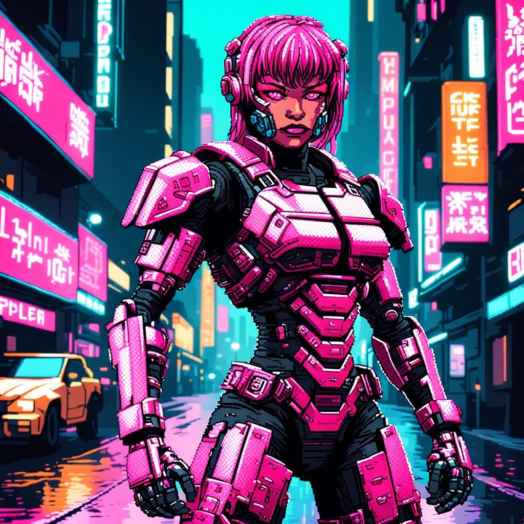 Pixel Art Pink Cyborg in Cyberpunk Street