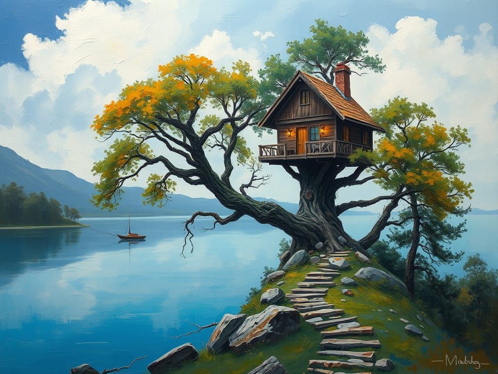 Tree Houses Overlooking Enchanted Lake in Vibrant Tempera