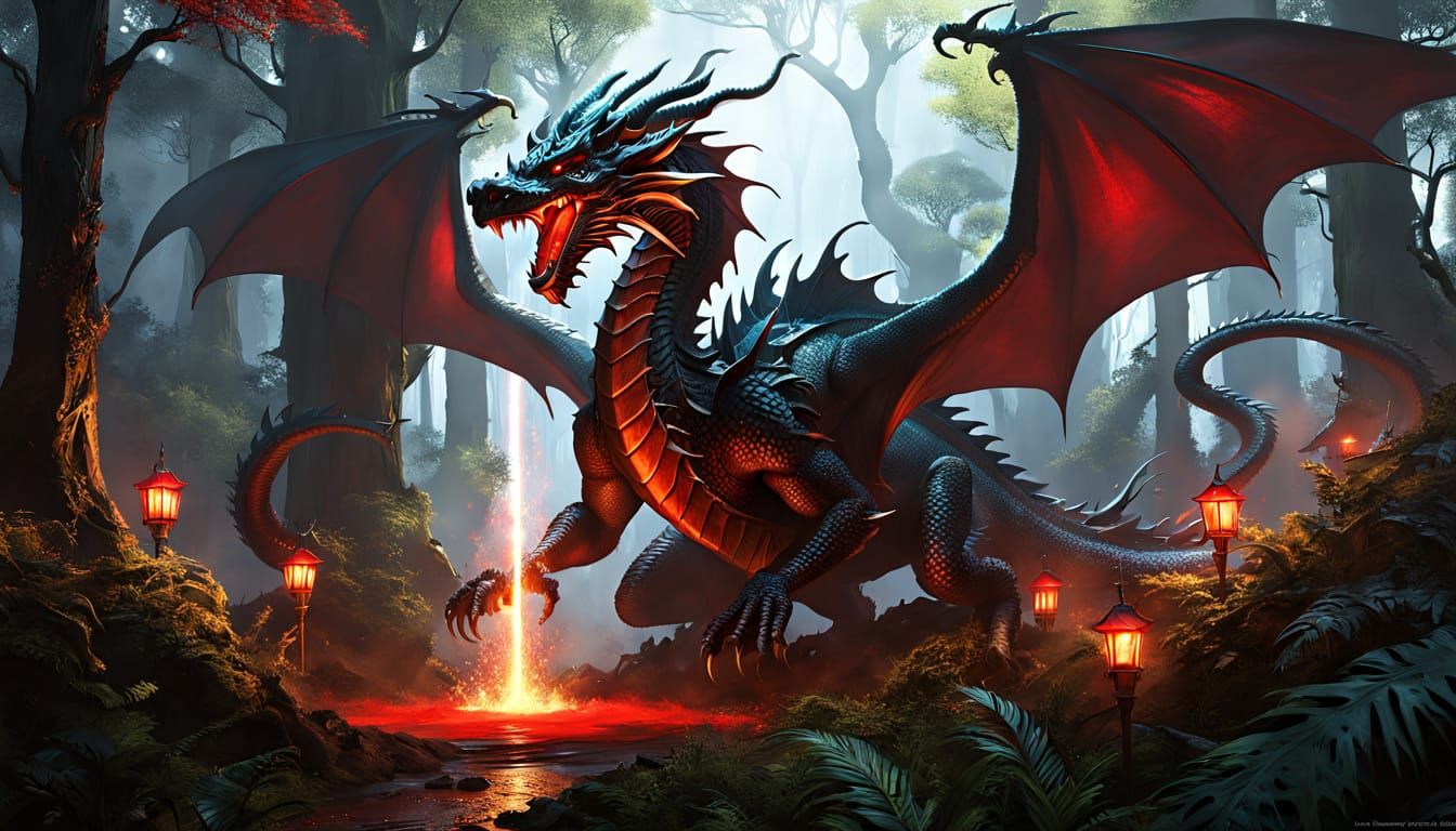 Rain-Soaked Dragon Shelters in Dark Forest