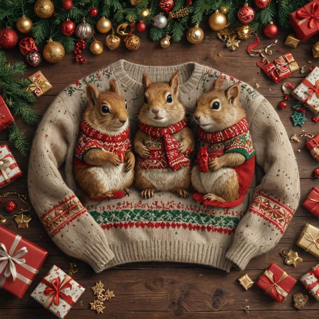 Cozy Christmas Sweater Embroidered with Realistic Squirrels