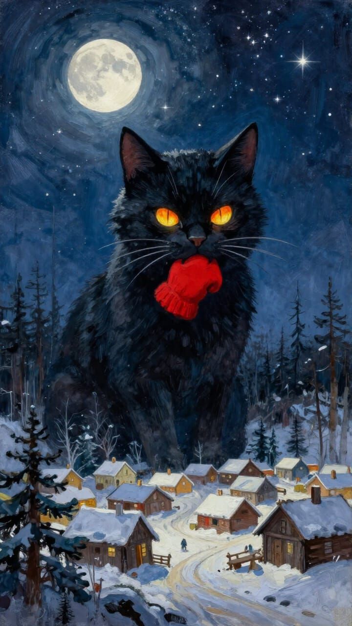 Enormous Black Cat Guards Snowy Village Under Bright Moon