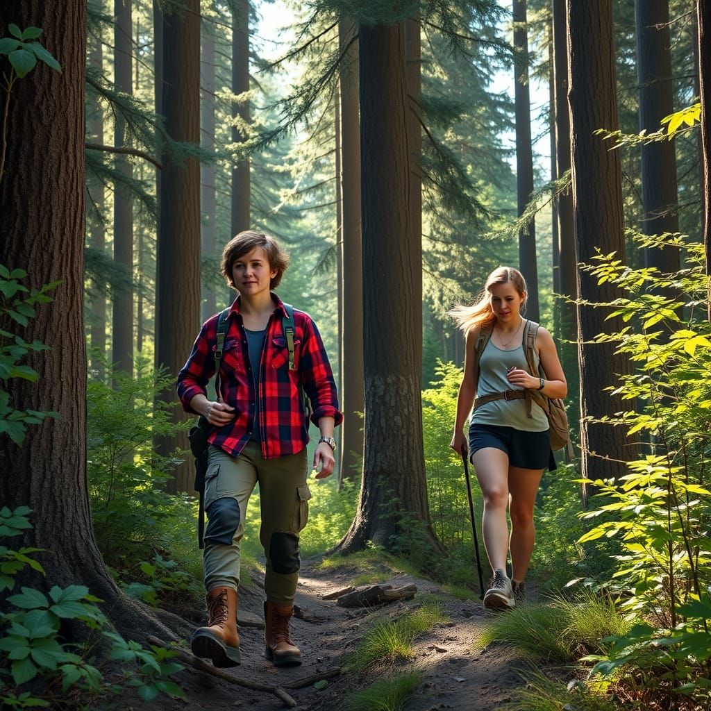 Women Hiking Through Forest Trail in Earthy Tones