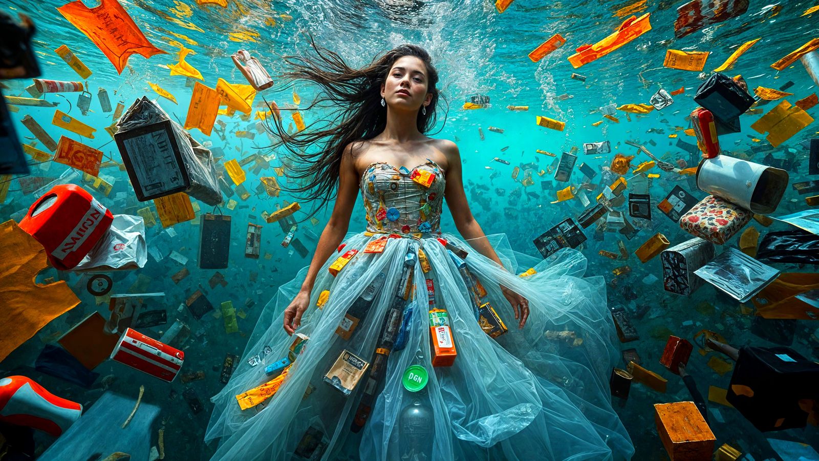 Vibrant Underwater Fashion in a Sea of Trash