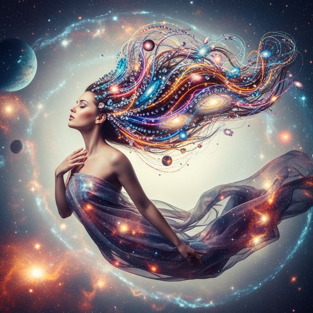 Cosmic Woman with Flowing Hair in Surreal Setting