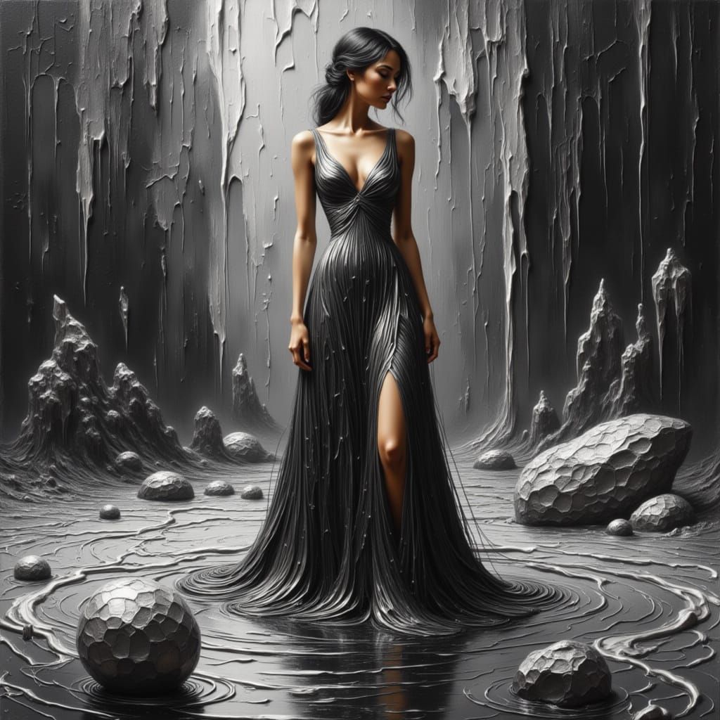 Lunar Dreamscape: Figure in Flowing Mercury Gown