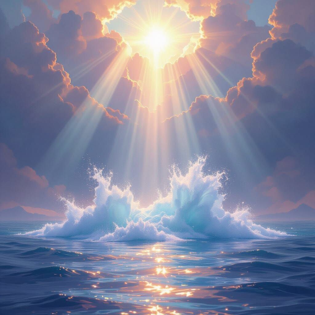Divine Genesis: Ethereal Light Rays Create Rising Waters