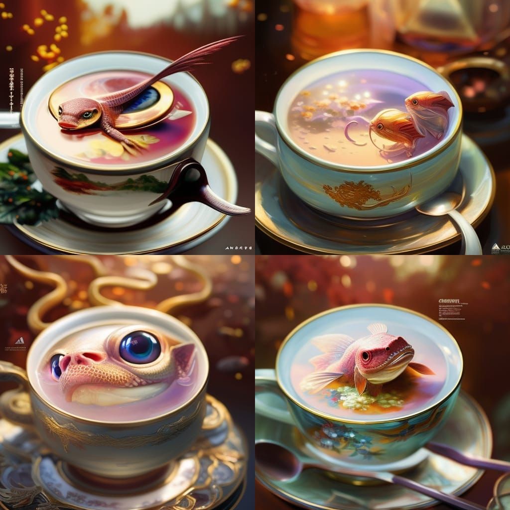 Charming Axolotl in Teacup: Kawaii Chibi Art