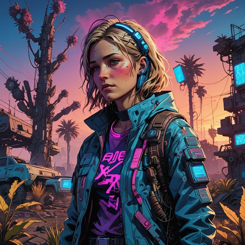 Cyberpunk Anime Girl in Wasteland Sunset