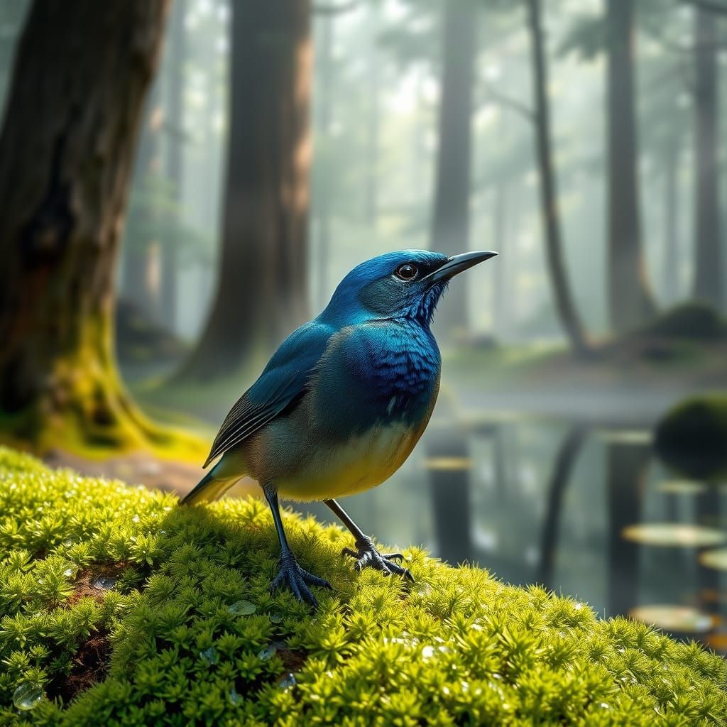 Blue-Throated Thrush in Misty Forest, Photorealistic Style