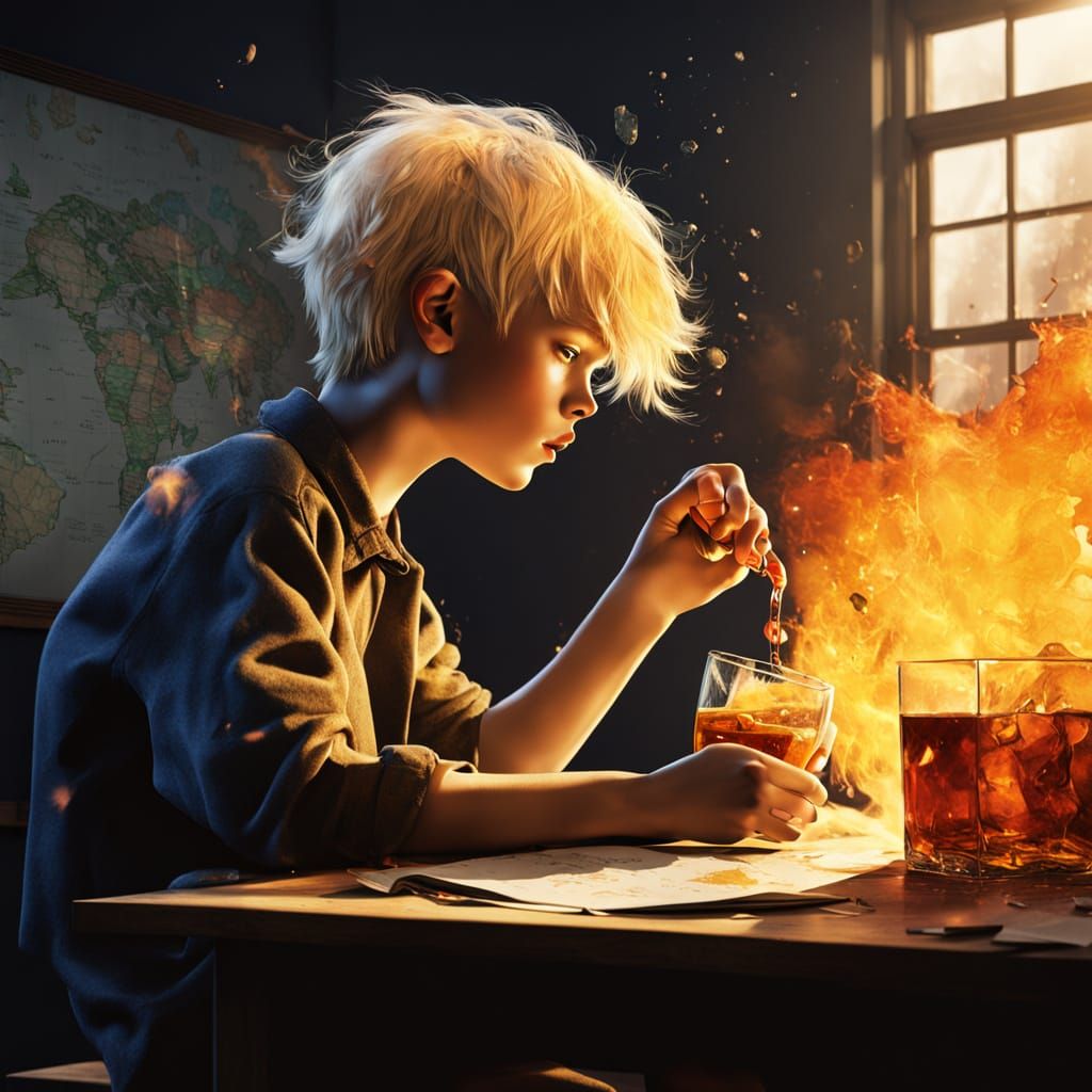 Woman Drinking Whiskey in Fiery Classroom Concept Art