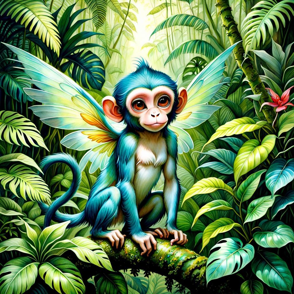 Whimsical Fairy Monkey in Tropical Rainforest Watercolor