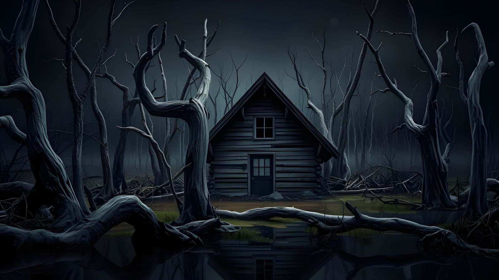 Eerie Swamp with Collapsed House in Hyperrealistic Style