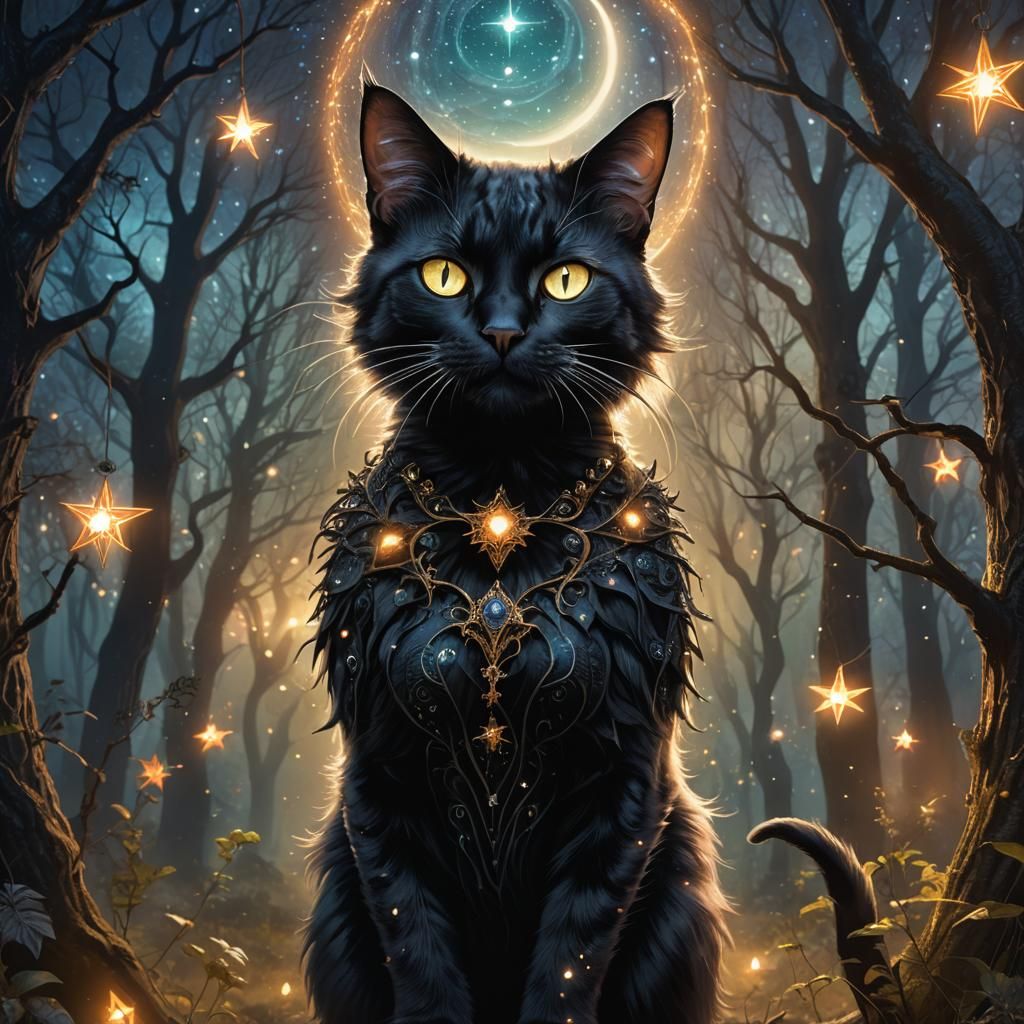 Mystical Cat Witch in Astral Forest: Fantasy Illustration