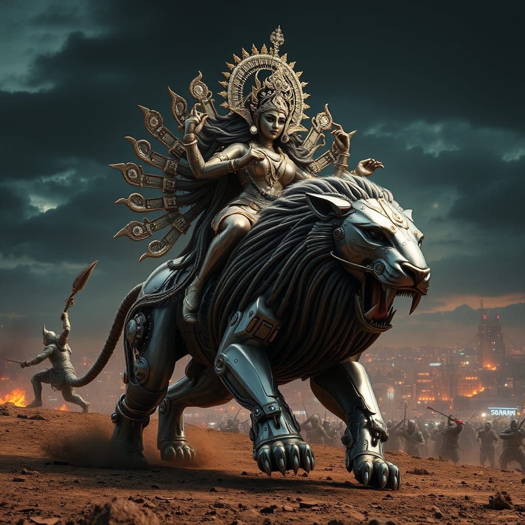 Goddess Durga Charging into Battle with Cybernetic Lion