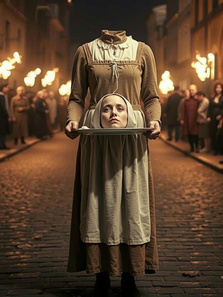 Headless Woman in Medieval Town Square