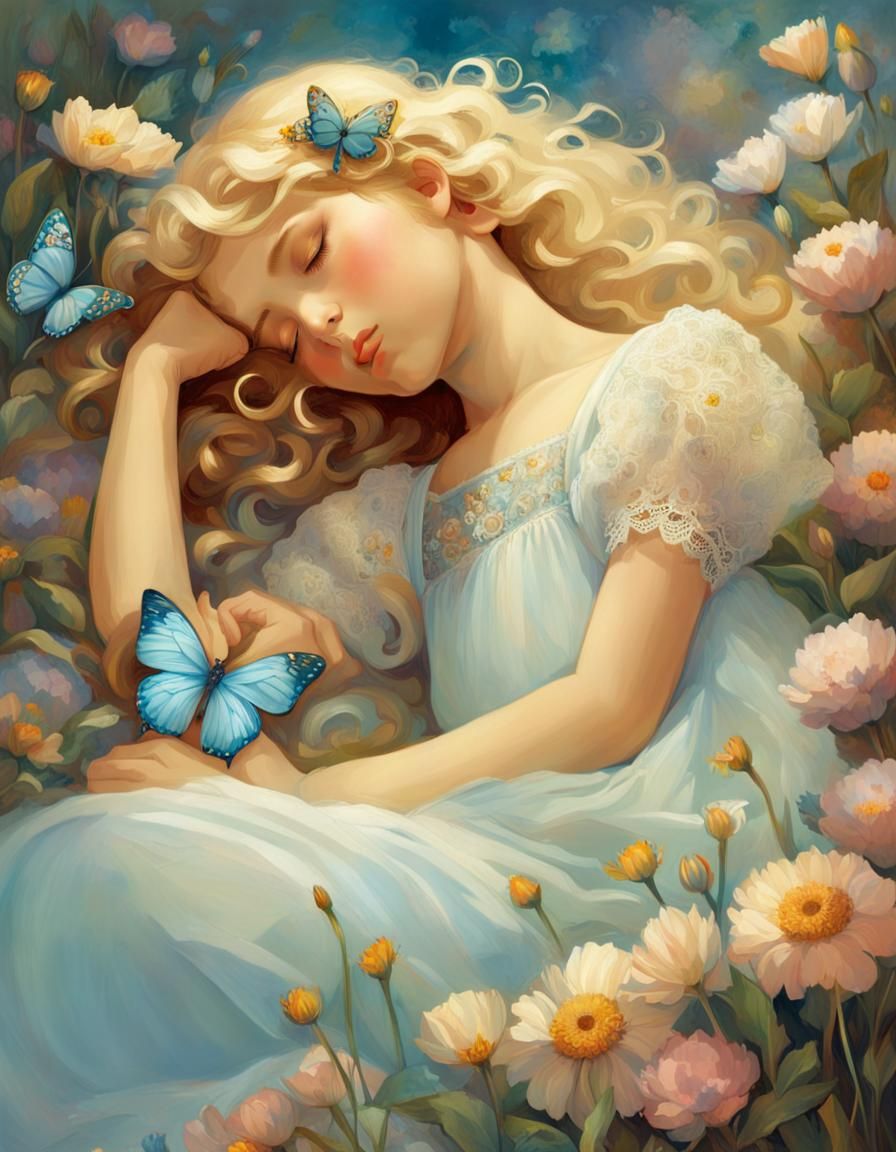 Girl Sleeping in Flowers, Art Nouveau Style