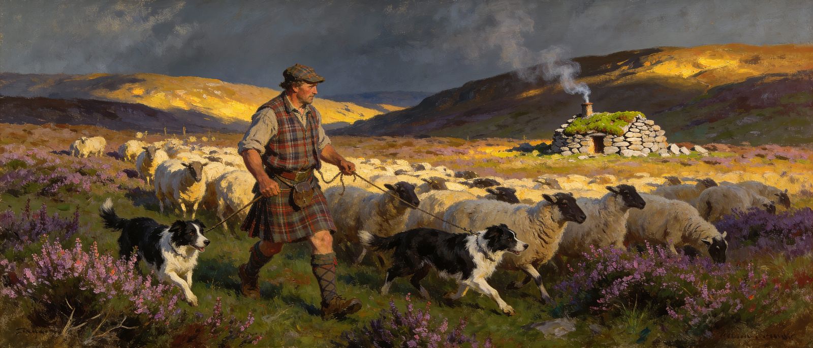 Scottish Shepherd Herding Sheep with Border Collies on Moors