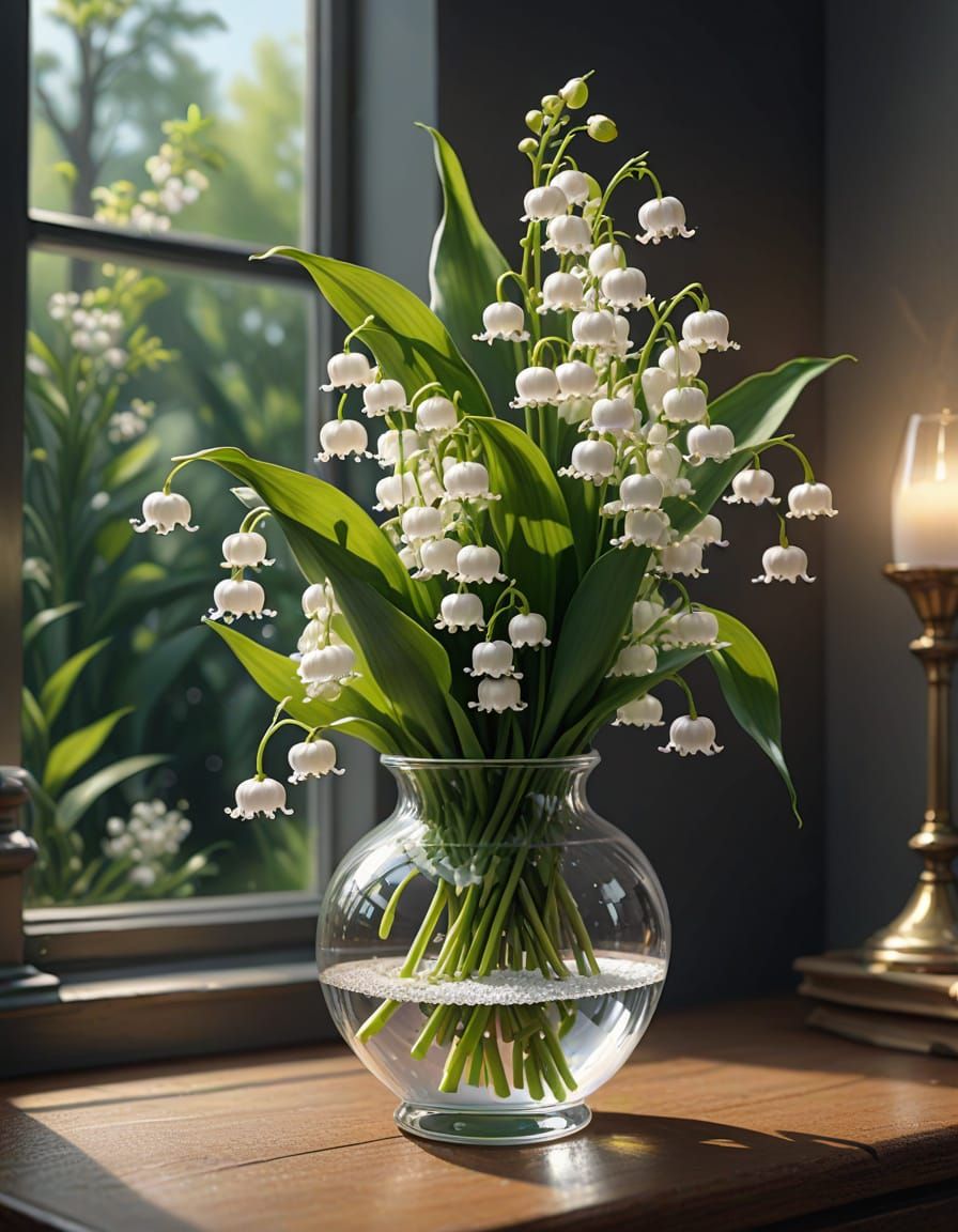 Lily of the Valley in Glass Vase: Digital Art