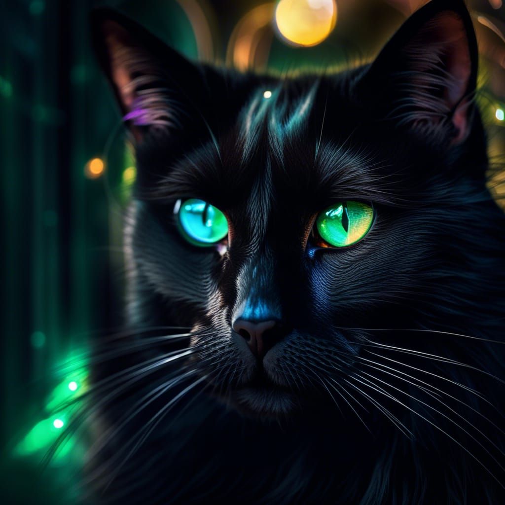 Tuxedo Cat Gazing Through Iridescent Light Ring