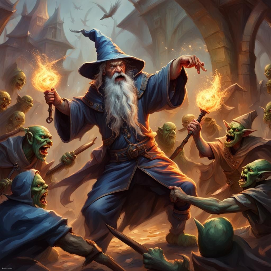 Wizard and Goblins in Hyperrealistic Splash Art