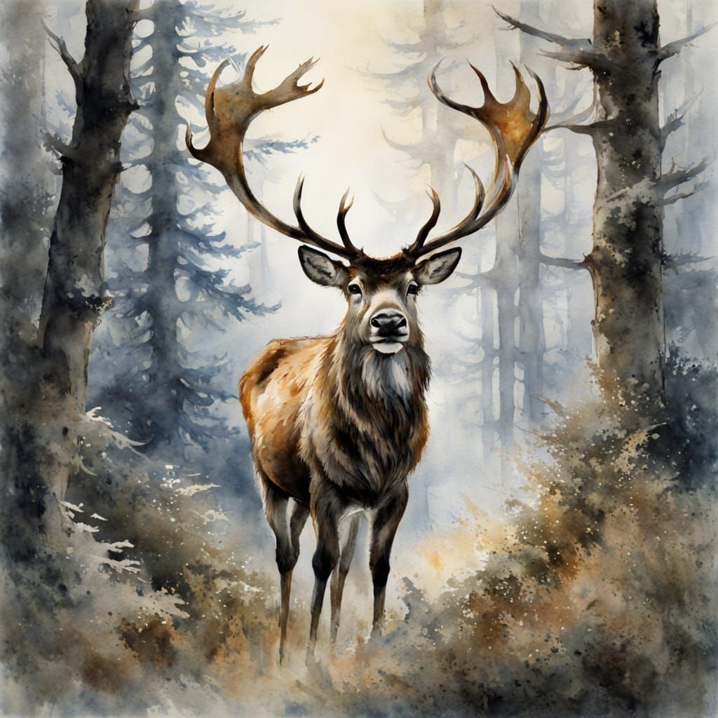 Reindeer in Scandinavian Forest Watercolour Art