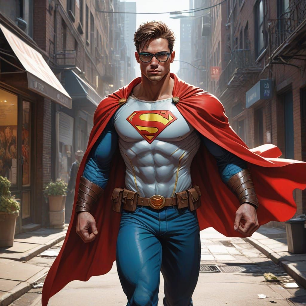 Dynamic Superhero Unveils Heroic Form on City Street