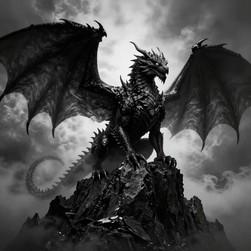 Monstrous Dragon Perched on Shadowed Mountain