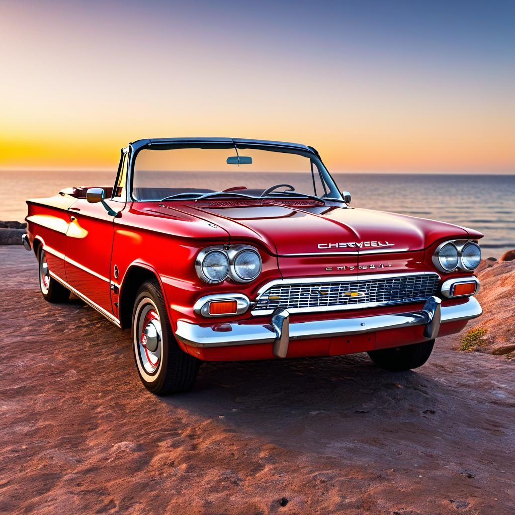 Red 1964 Chevrolet Corvair Convertible at Sunset