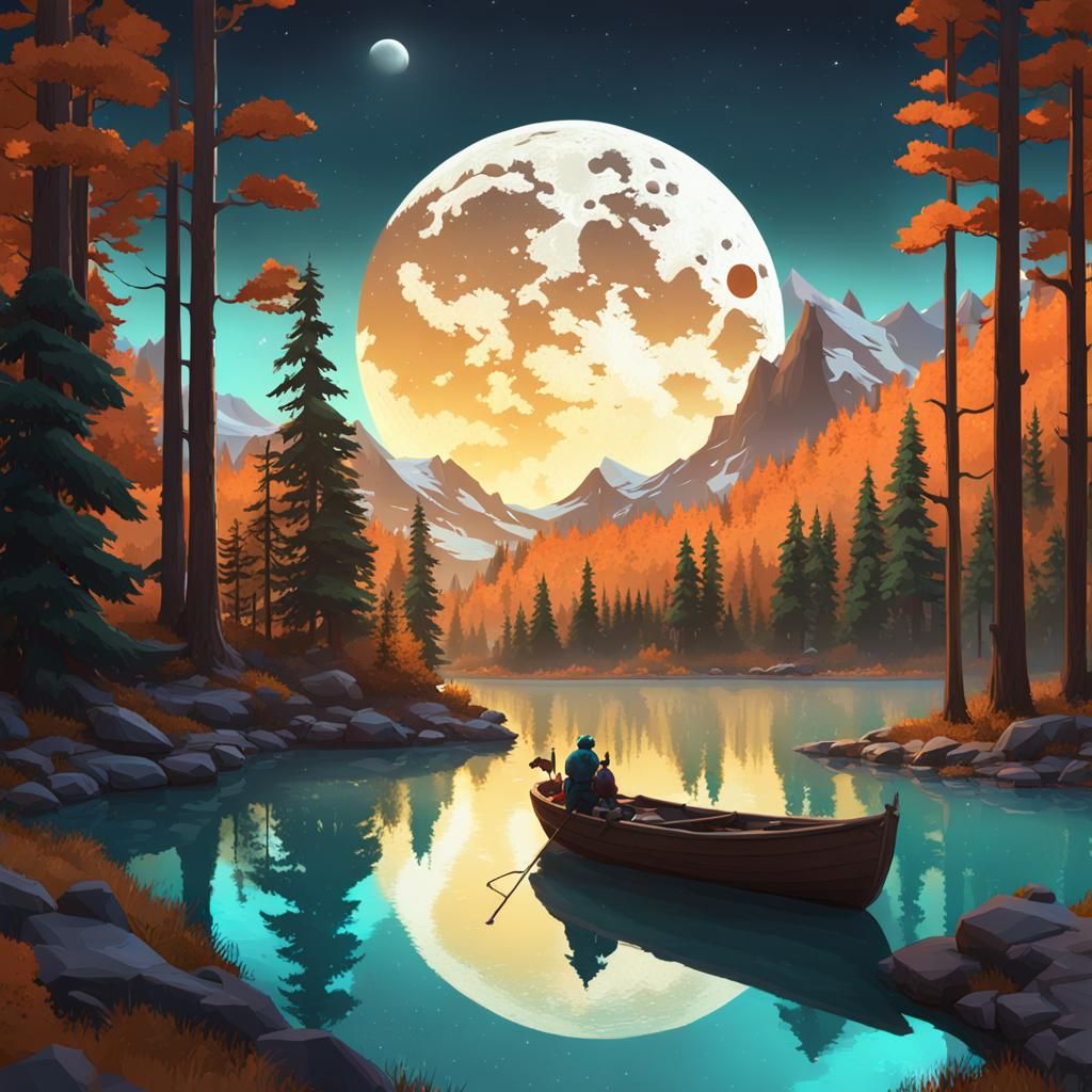 Raccoon in Moonlit Mountain Lake Landscape