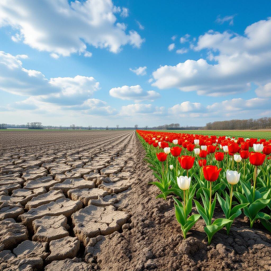 Contrasting Landscapes: Tulips Under Bright Sky vs Barren La...
