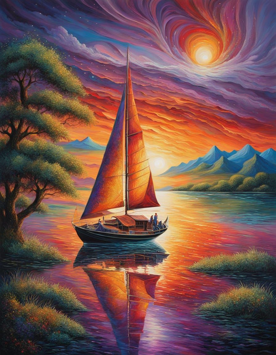 Whimsical Sunset Sailboat in Triadic Colors