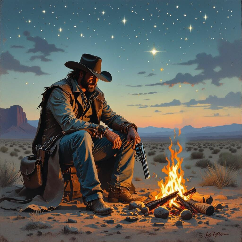 Gunslinger by Campfire Under Starry Desert Sky