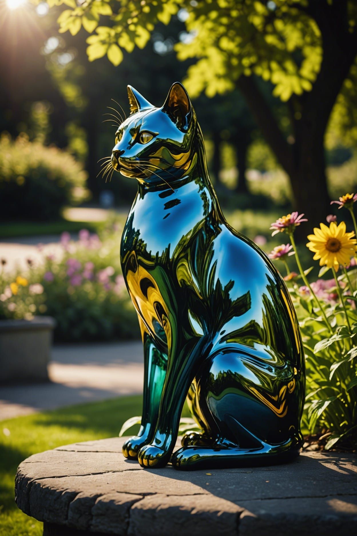 Glass Cat Sculpture in Park with Sunlight