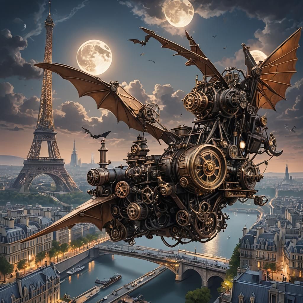 Steampunk Flying Machine Over Paris in Anime Style