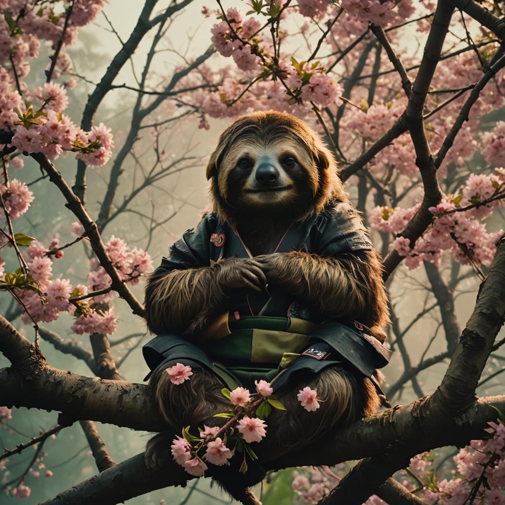 Samurai Sloth in Cherry Tree: Cinematic Film Still