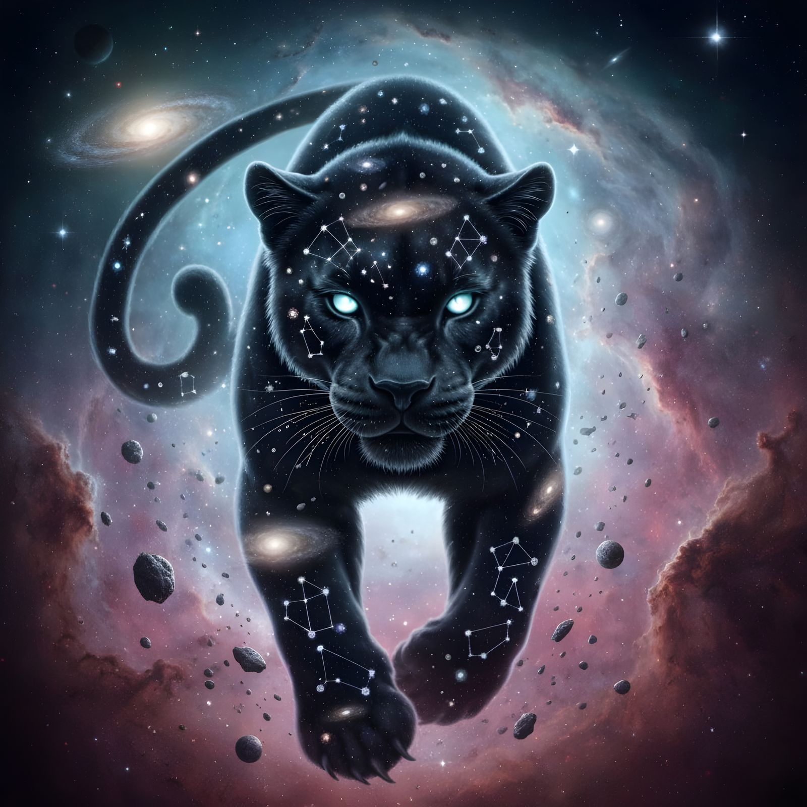 A spectral black panther emerges from a swirling nebula, its fur adorned with constellations and galaxies. The panther's...